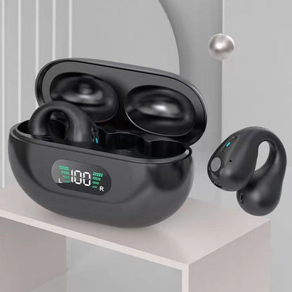 Bone conduction headphones TWS earbuds with Bluetooth 5.3 in charging case.