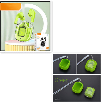 Mini transparent wireless Bluetooth headset with digital display, in green case.